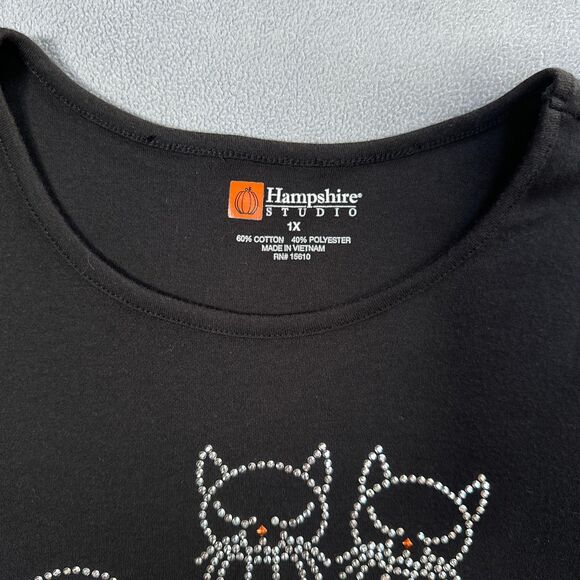 Halloween Rhinestone Cat Shirt Womens 1X 3/4 Sleeve Top Sparkly Cat Lover - Picture 2 of 11